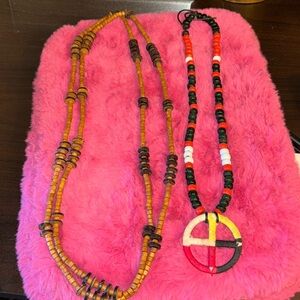 Vintage Native American Genuine extra long wood bead strand necklace with glass